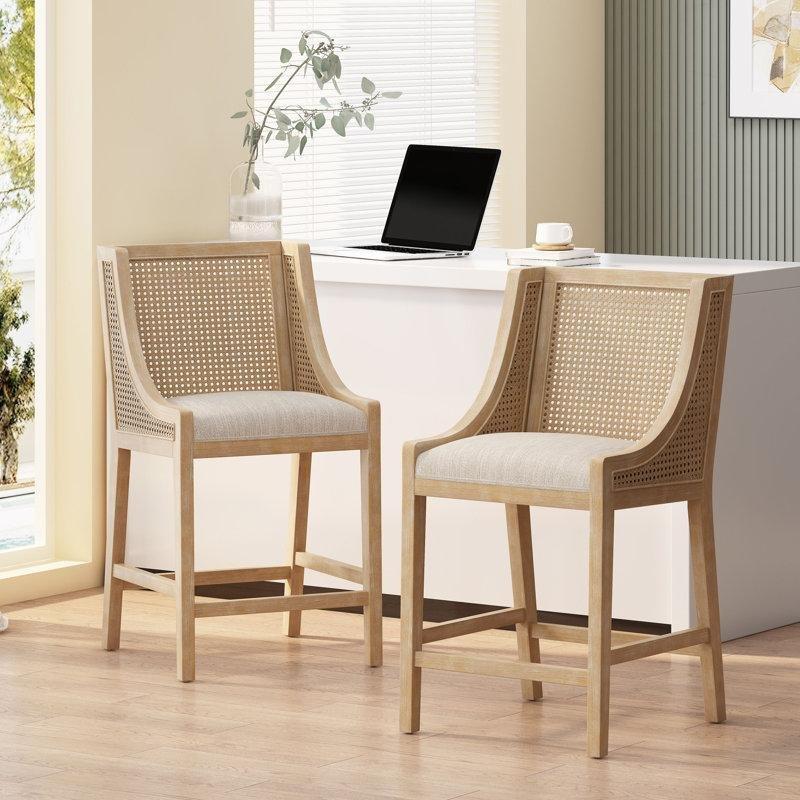Doğal Ahşap Rattan Sırtlı Kolçaklı Kumaş Döşemeli Bar Sandalyesi, 2%27li Set - 65 cm - 148845