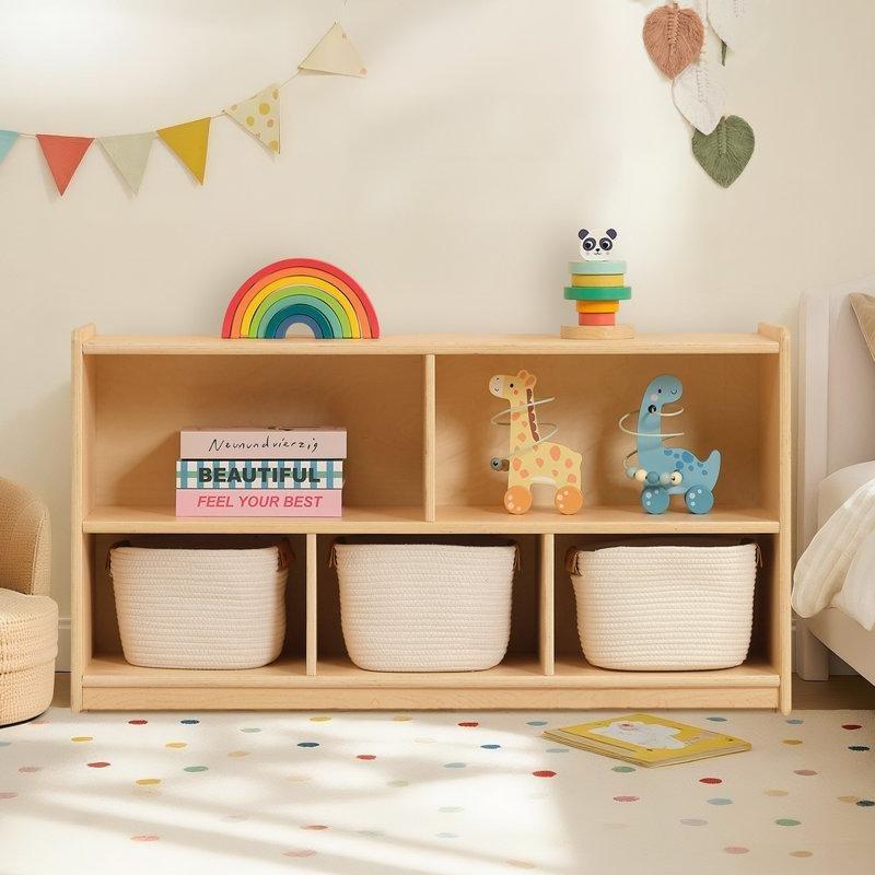 Doğal Ahşap Rengi 5 Bölmeli Parlak Yüzeyli Montessori Oyuncak Dolabı - 114x60 cm - 150288
