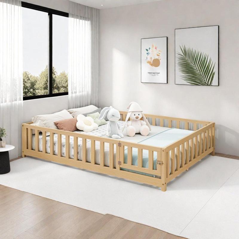 Doğal Çam ve Kontrplak Kapılı Korumalı Montessori Yer Karyola - 142x199 cm - 142663