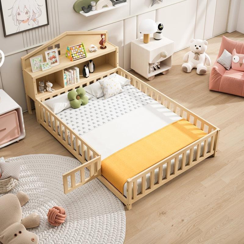 Doğal Çam ve Kontrplak Kitaplıklı ve Kara Tahtalı Montessori Karyola - 142x229 cm - 142705