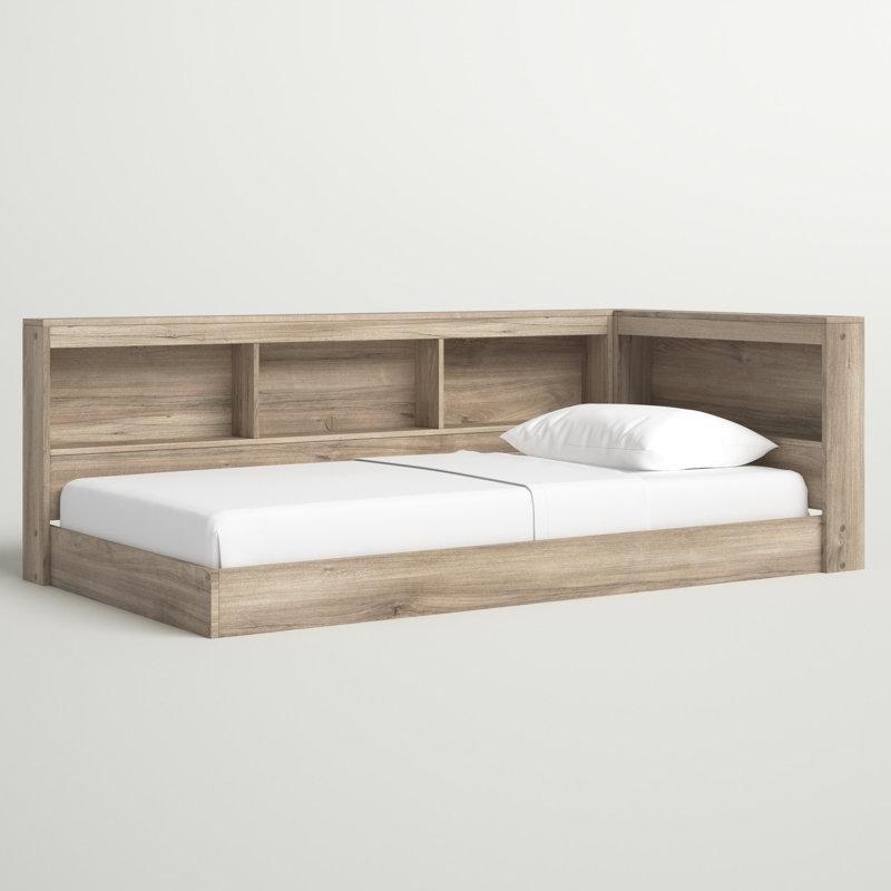 Doğal Ceviz Masif ve Endüstriyel Ahşap Kitaplıklı USB Girişli Köşe Karyola - 114x207 cm - 142660