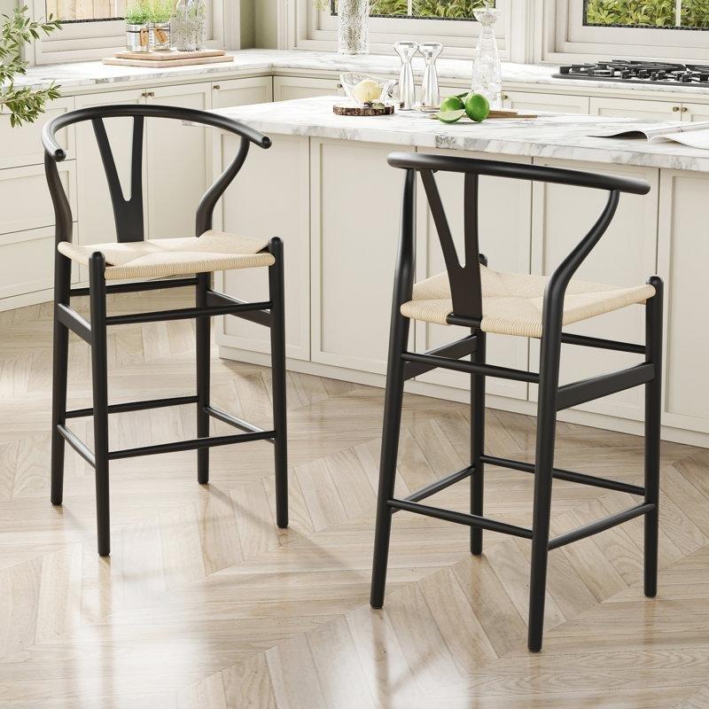 Doğal Dişbudak Ahşap Kolçaklı Hasır Oturaklı Retro Bar Sandalyesi - 68 cm - 148464