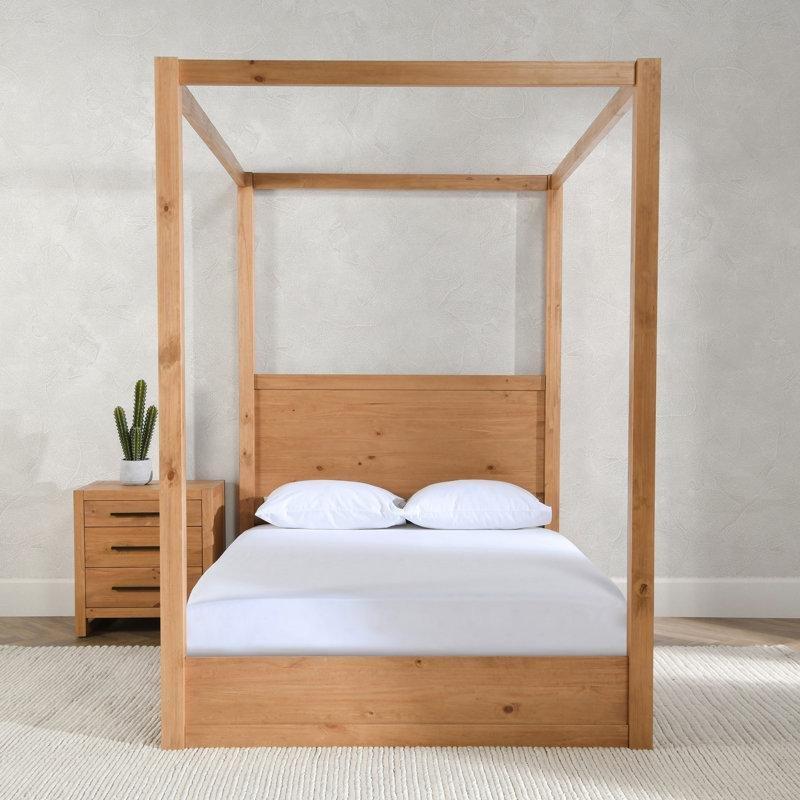 Doğal Kahverengi Masif Çam Ağacı Eskitme Çelik Detaylı Cibinlikli Karyola - 166x216 cm - 142453