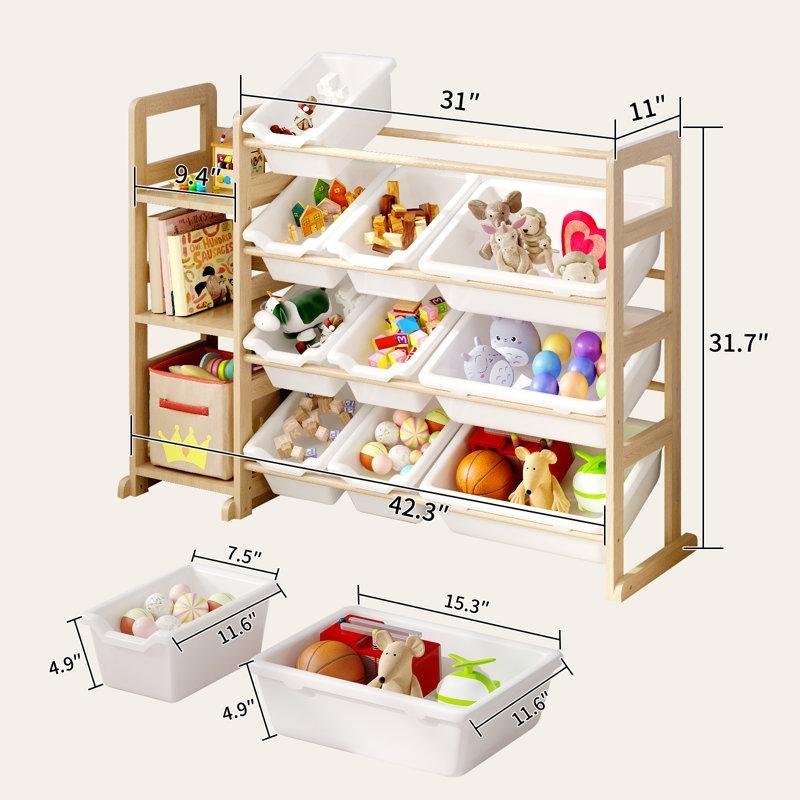 Doğal Masif Ahşap Kitaplıklı ve 12 Plastik Kutuplu Oyuncak Dolabı - 108x81 cm - 150120