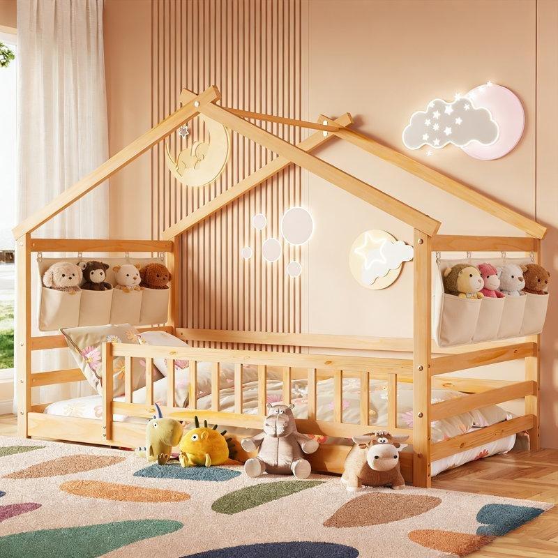 Doğal Masif Çam Ahşap Ev Tasarımlı Korunaklı Montessori Karyola - 107x208 cm - 142669