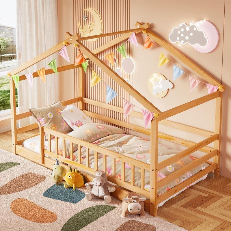 Doğal Masif Çam Ahşap Ev Tasarımlı Korunaklı Montessori Karyola - 107x208 cm - 142669