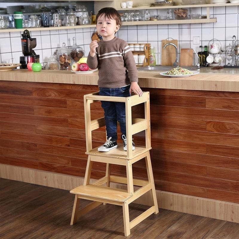 Doğal Masif Çam Ahşap Güvenlik Barlı Kaydırmaz Öğrenme Kulesi - 89 cm - 162952