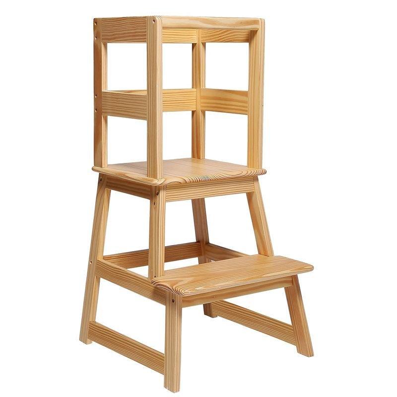 Doğal Masif Çam Ahşap Güvenlik Barlı Kaydırmaz Öğrenme Kulesi - 89 cm - 162952