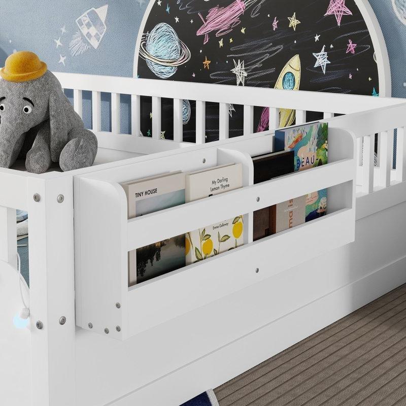 Doğal Masif Çam ve Endüstriyel Ahşap Yüksek Korkuluklu Raflı LED Işıklı Montessori Karyola - 144x200x51 cm - 142666