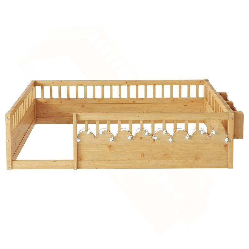 Doğal Masif Çam ve Endüstriyel Ahşap Yüksek Korkuluklu Raflı LED Işıklı Montessori Karyola - 144x200x51 cm - 142666