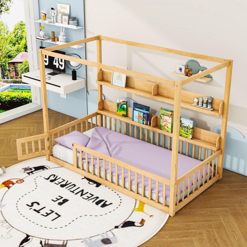 Doğal Masif ve MDF Raflı Çatılı Montessori Karyola - 106x200 cm - 142681