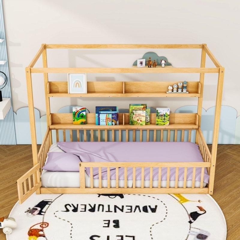 Doğal Masif ve MDF Raflı Çatılı Montessori Karyola - 106x200 cm - 142681