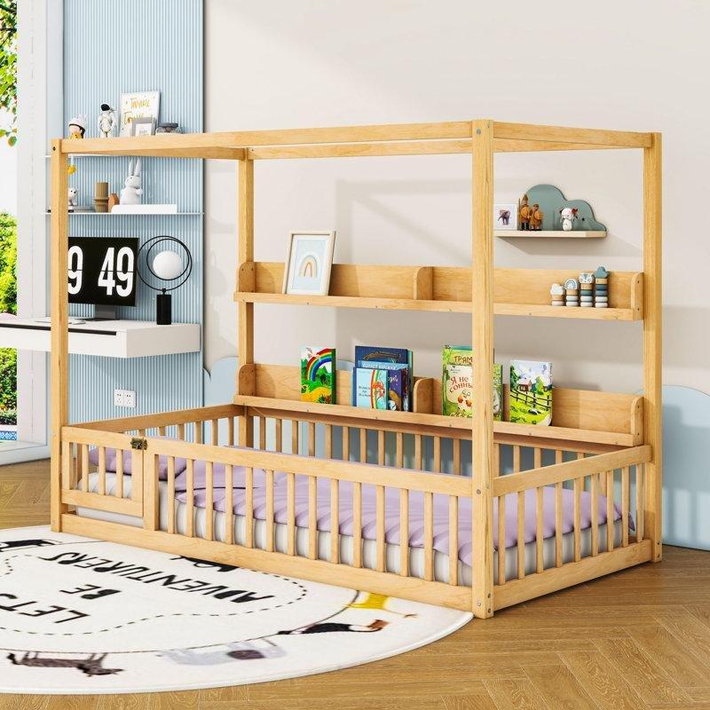 Doğal Masif ve MDF Raflı Çatılı Montessori Karyola - 106x200 cm - 142681