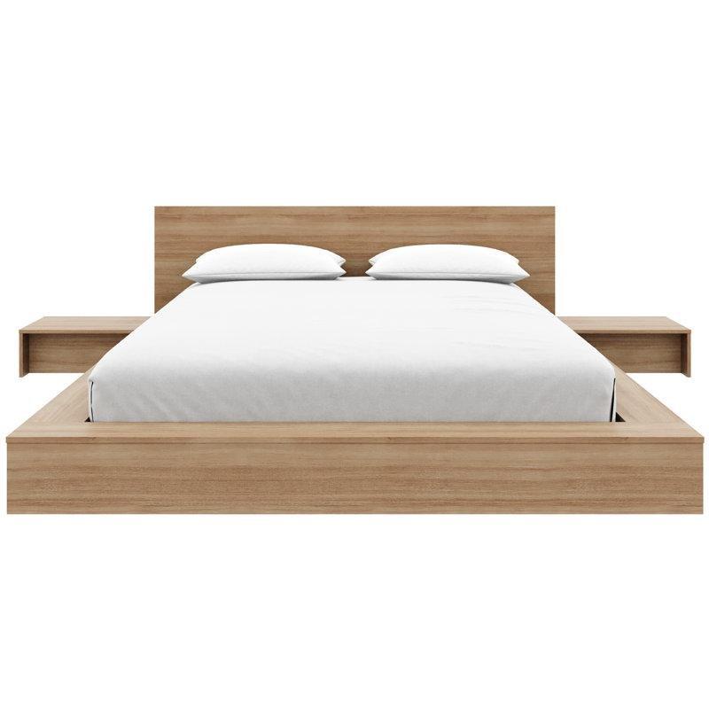 Doğal Meşe Endüstriyel Ahşap 2 Adet Komodinli Geniş Kenarlı Platform Karyola - 183x221 cm - 142327
