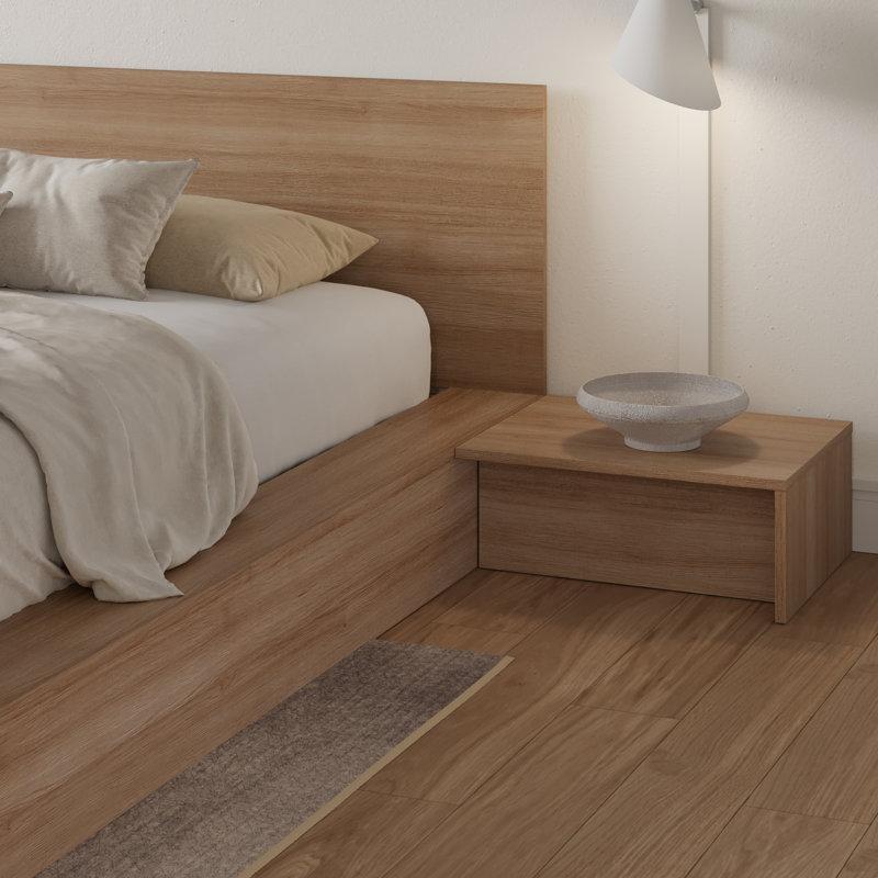 Doğal Meşe Endüstriyel Ahşap 2 Adet Komodinli Geniş Kenarlı Platform Karyola - 183x221 cm - 142327