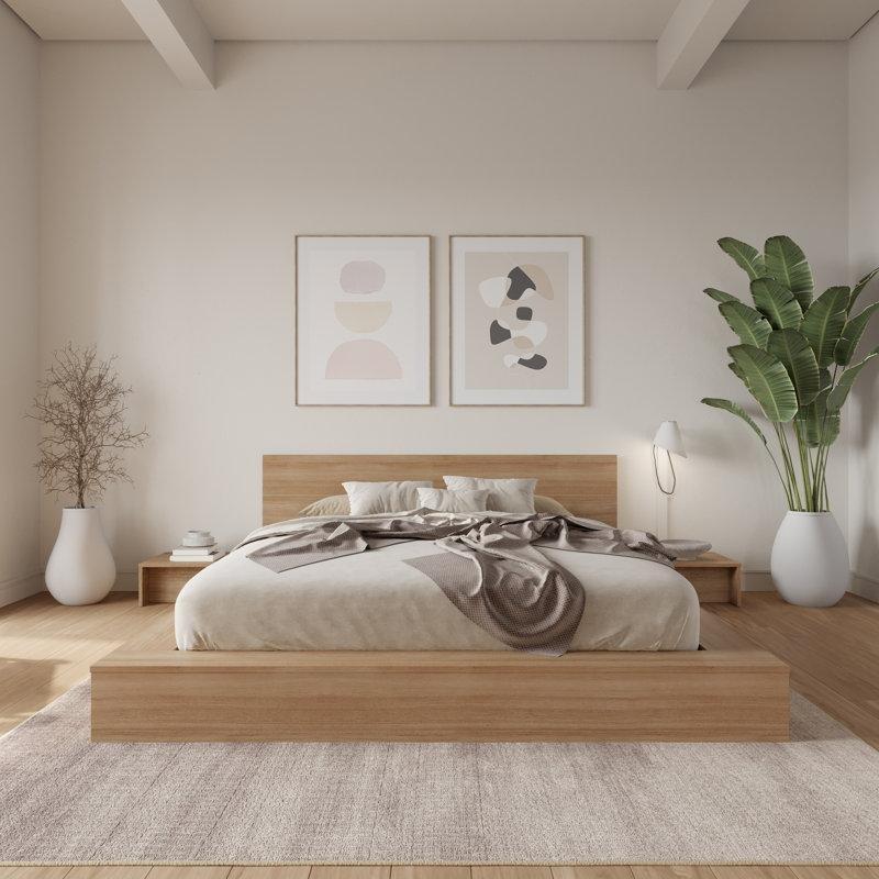 Doğal Meşe Endüstriyel Ahşap 2 Adet Komodinli Geniş Kenarlı Platform Karyola - 183x221 cm - 142327