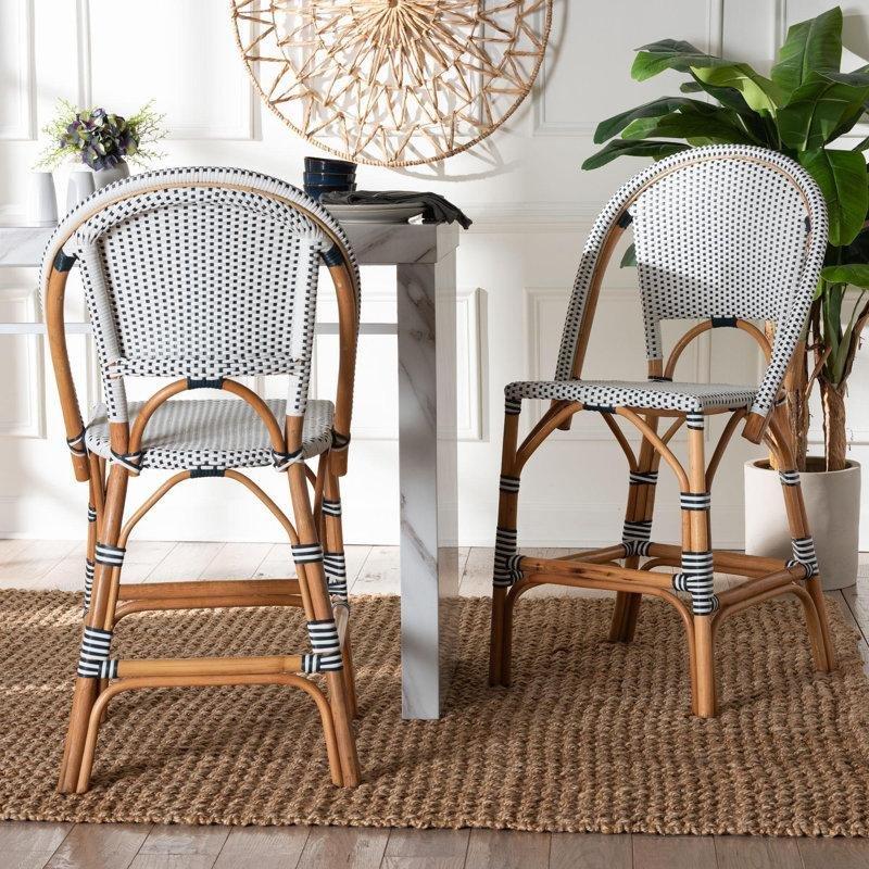 Doğal Rattan İki Renkli Örgülü Fransız Stili 2li Hasır Bar Sandalyesi Seti - 61 cm - 148152