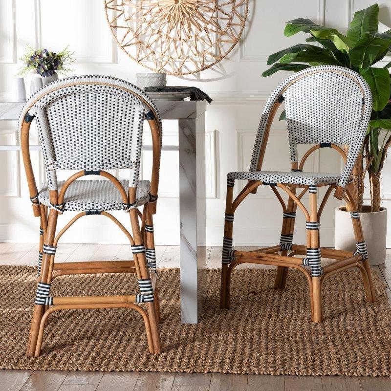 Doğal Rattan İki Renkli Örgülü Fransız Stili 2li Hasır Bar Sandalyesi Seti - 61 cm - 148152