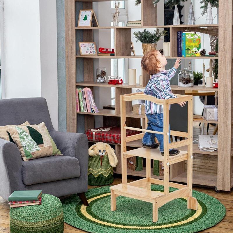 Doğal Renk Masif Ahşap Yazı Tahtalı 5 Kademeli Ayarlanabilir Öğrenme Kulesi - 90 cm - 162904