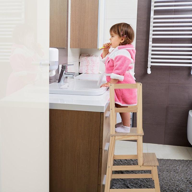 Doğal Renk Masif Çam Ahşap 2 Kademeli Güvenlik Barlı Dönüşebilen Öğrenme Kulesi - 91 cm - 162934