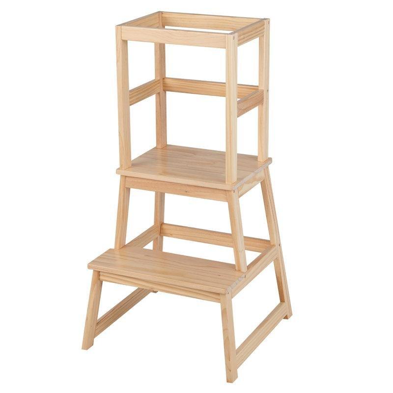 Doğal Renk Masif Çam Ahşap 2 Kademeli Güvenlik Barlı Dönüşebilen Öğrenme Kulesi - 91 cm - 162934