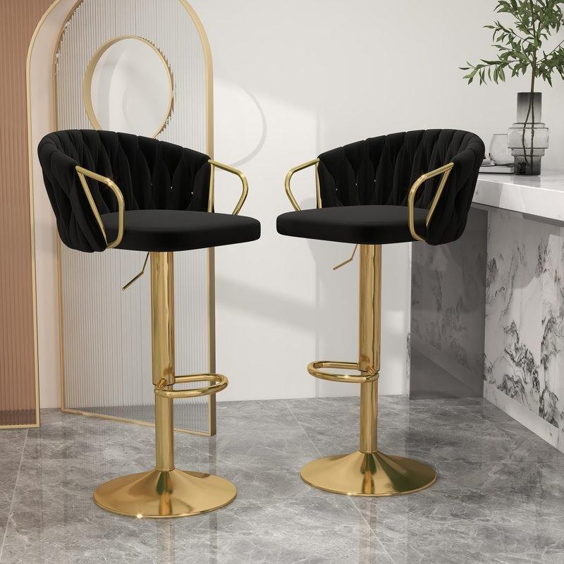 Dokuma Sırtlı Kadife Kumaş Yüksekliği Ayarlanabilir Döner Gold Bar Sandalyesi 2li Set - 148038