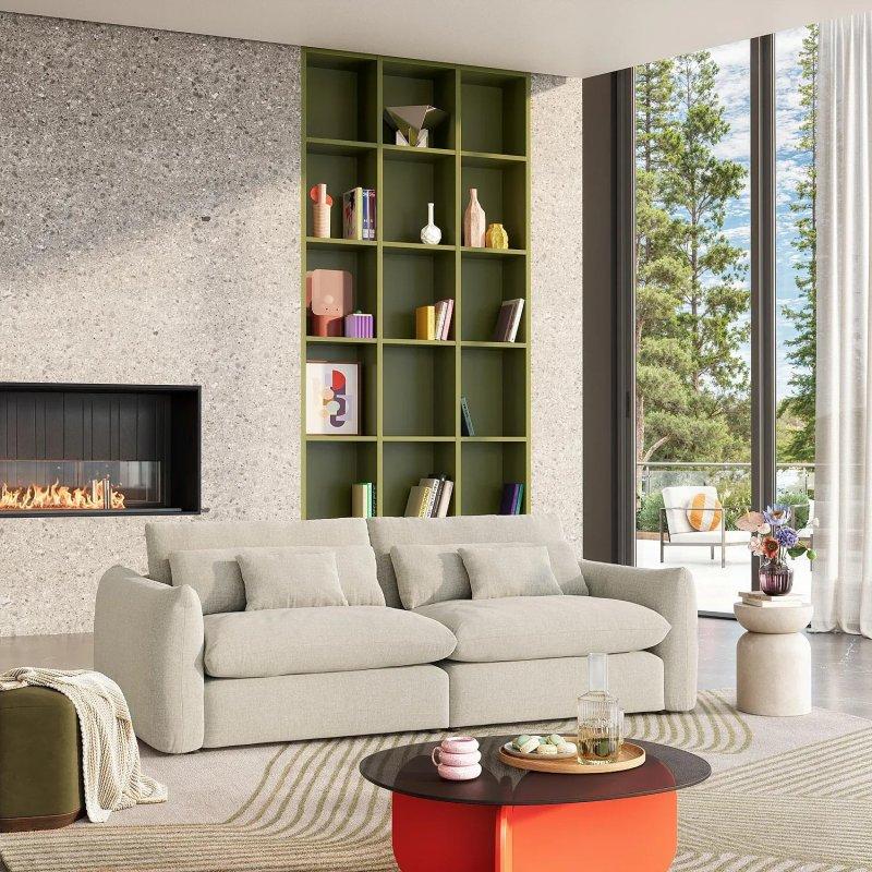 Ekru Şönil Kumaş 4 Kişilik Yuvarlak Hatlı Koltuk - 259 cm - 154544