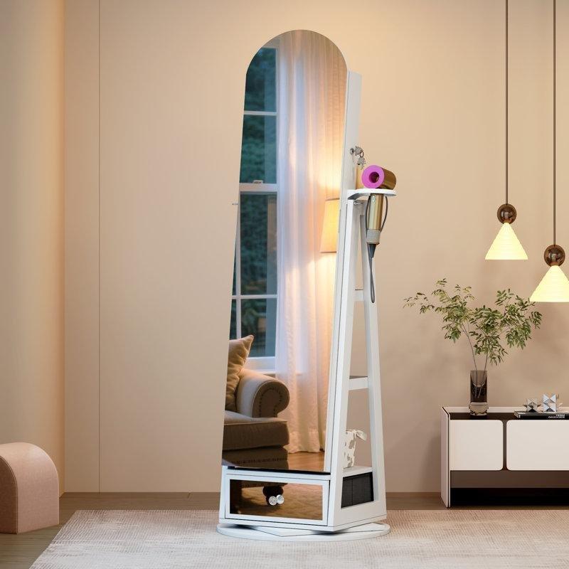 Endüstriyel Ahşap 360° Dönebilen Kilitli LED Işıklı Boy Aynalı Takı Dolabı - 163x37x37 cm - 145164