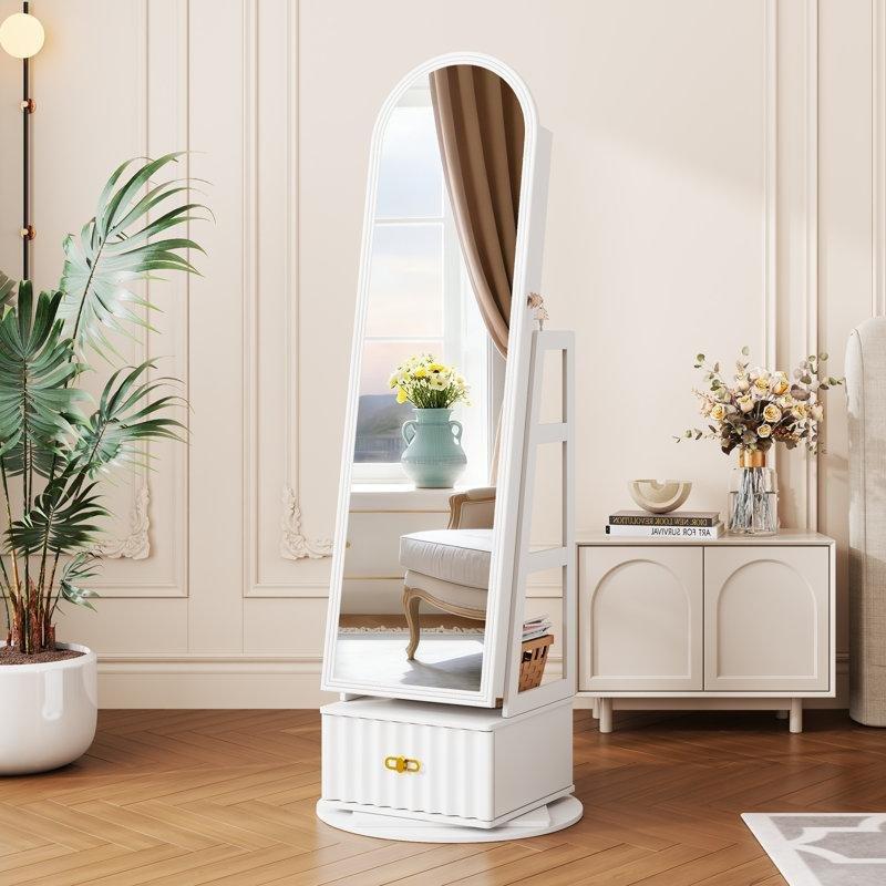 Endüstriyel Ahşap 360° Dönebilen LED Işıklı Kilitli Boy Aynalı Takı Dolabı - 164x50x41 cm - 145389