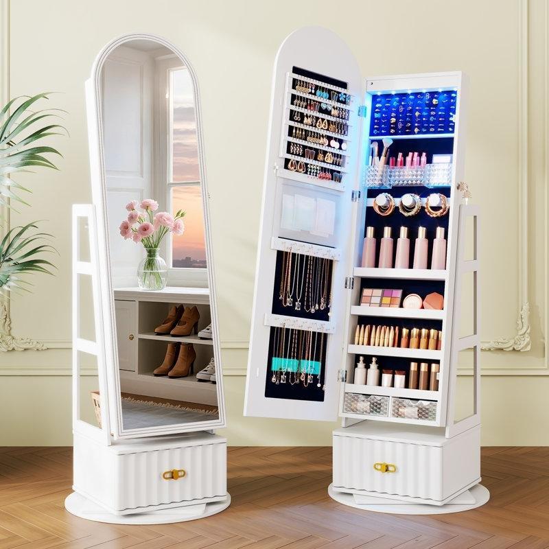 Endüstriyel Ahşap 360° Dönebilen LED Işıklı Kilitli Boy Aynalı Takı Dolabı - 164x50x41 cm - 145389