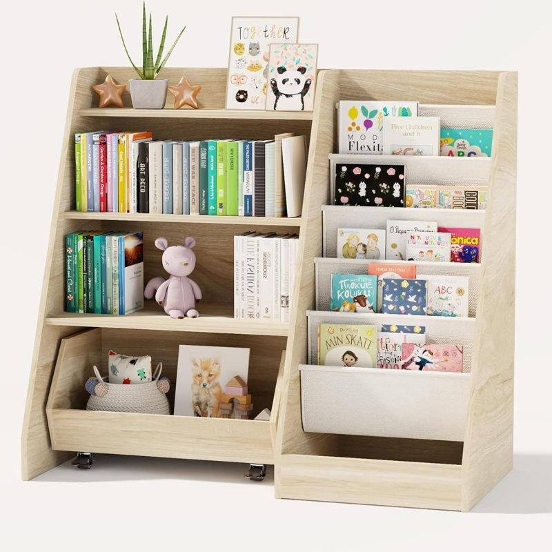 Endüstriyel Ahşap 4 Katlı 5 Bez Cepli Hareketli Çekmeceli Oyuncak Dolabı - 90x40 cm - 150204