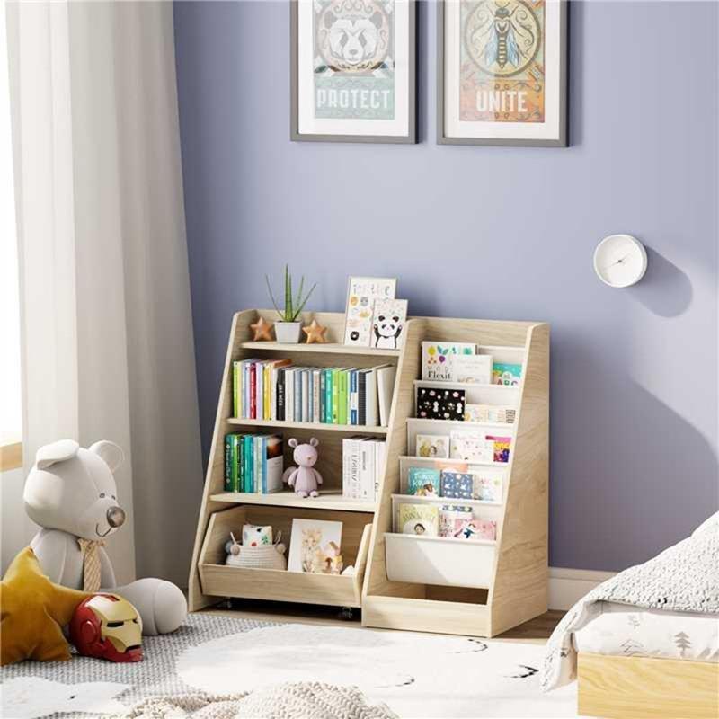 Endüstriyel Ahşap 4 Katlı 5 Bez Cepli Hareketli Çekmeceli Oyuncak Dolabı - 90x40 cm - 150204