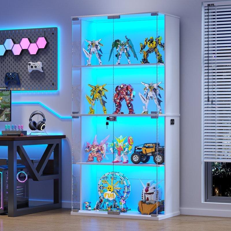 Endüstriyel Ahşap 4 Raflı LED Işıklı Sensörlü Kilitli Camlı Oyuncak Dolabı - 169x70x36 cm - 150258