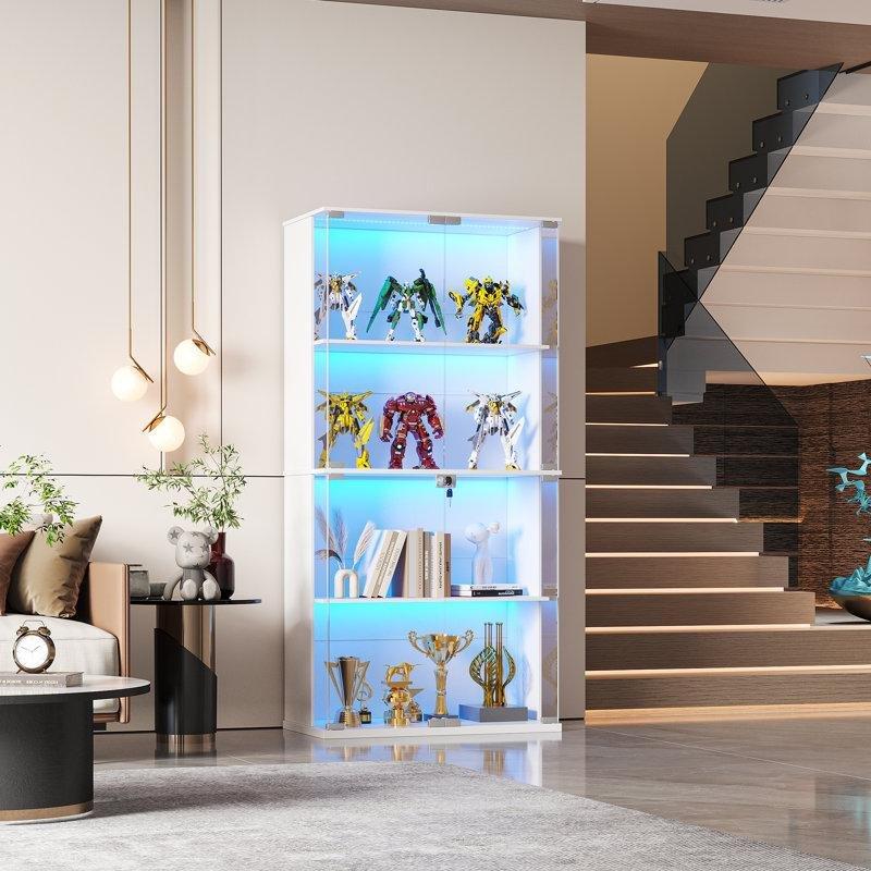 Endüstriyel Ahşap 4 Raflı LED Işıklı Sensörlü Kilitli Camlı Oyuncak Dolabı - 169x70x36 cm - 150258