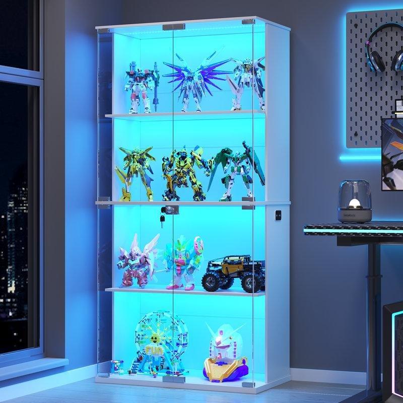 Endüstriyel Ahşap 4 Raflı LED Işıklı Sensörlü Kilitli Camlı Oyuncak Dolabı - 169x70x36 cm - 150258