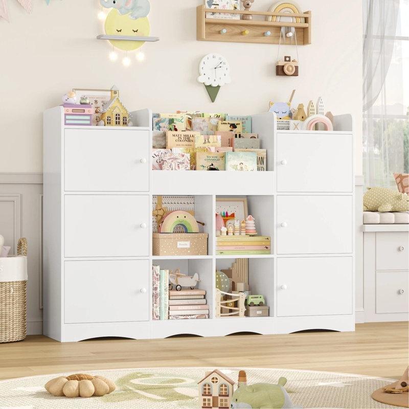 Endüstriyel Ahşap 6 Kapaklı 4 Açık Bölmeli Kitaplıklı Oyuncak Dolabı - 141 cm - 150075