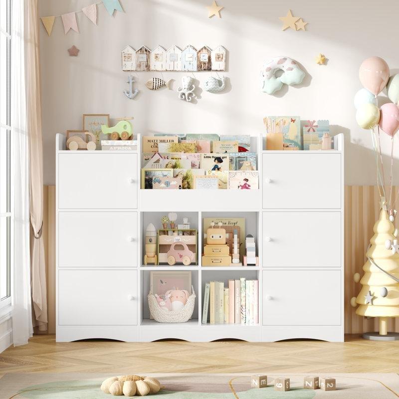Endüstriyel Ahşap 6 Kapaklı 4 Açık Bölmeli Kitaplıklı Oyuncak Dolabı - 141 cm - 150075