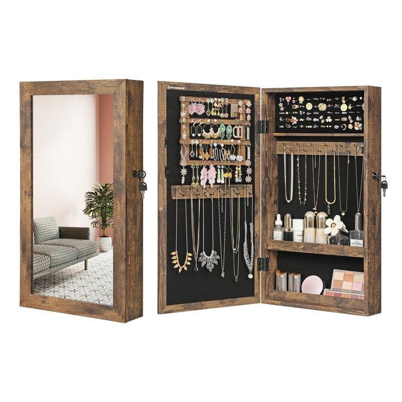Endüstriyel Ahşap Aynalı Kilitli Duvara Monte Takı Dolabı - 38x68 cm - 145386