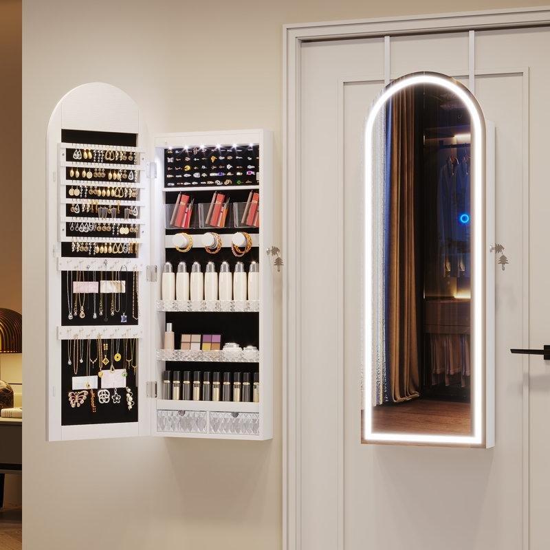 Endüstriyel Ahşap Kemerli LED Işıklı Kilitli Boy Aynalı Takı Dolabı - 108x41 cm - 145350