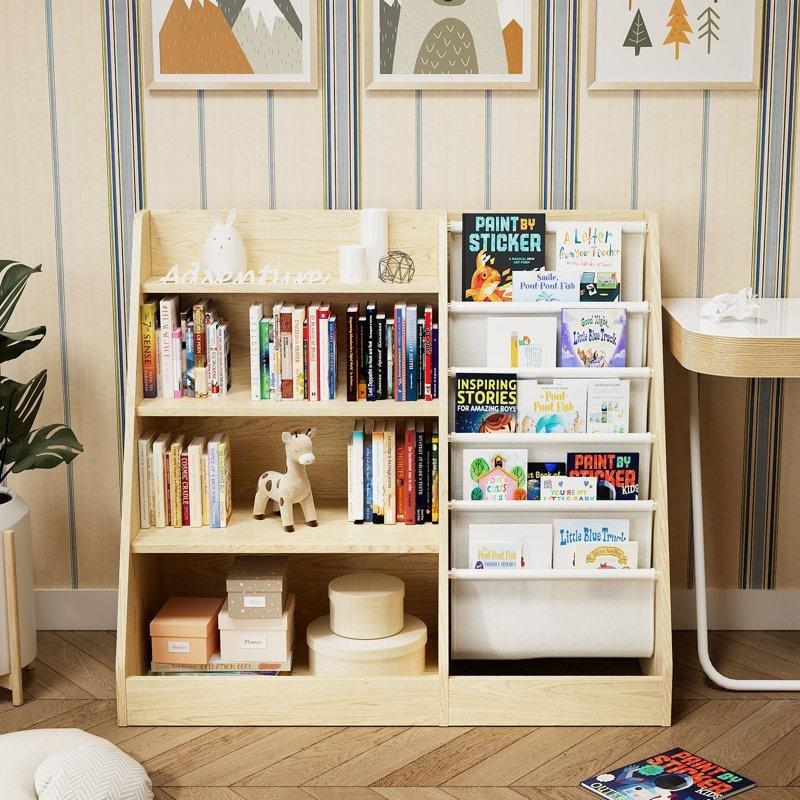 Endüstriyel Ahşap Kumaş Cepli 4 Katlı Montessori Oyuncak Dolabı - 150294