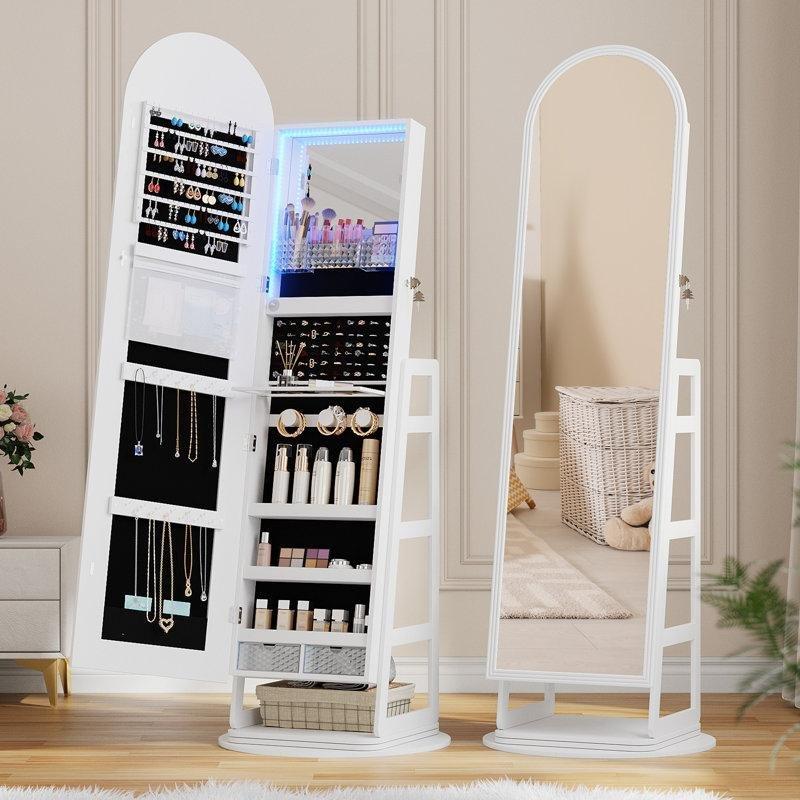 Endüstriyel Ahşap LED Işıklı 360 Derece Dönebilen Kilitli Aynalı Takı Dolabı - 165x56 cm - 145176
