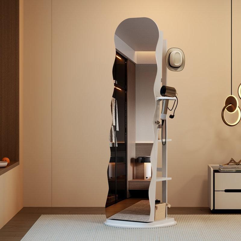 Endüstriyel Ahşap LED Işıklı 360° Dönebilen Kilitli Boy Aynalı Takı Dolabı - 159x56x42 cm - 145395