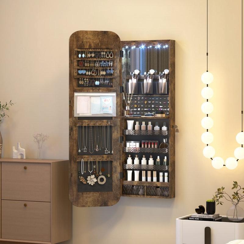 Endüstriyel Ahşap LED Işıklı Kilitli Duvara Monte Boy Aynalı Takı Dolabı - 120x37 cm - 145152