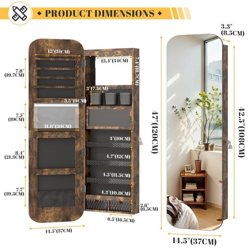 Endüstriyel Ahşap LED Işıklı Kilitli Duvara Monte Boy Aynalı Takı Dolabı - 120x37 cm - 145152