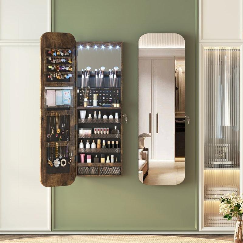 Endüstriyel Ahşap LED Işıklı Kilitli Duvara Monte Boy Aynalı Takı Dolabı - 120x37 cm - 145152