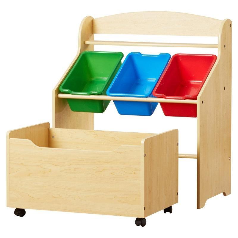 Endüstriyel Ahşap Raflı ve Sepetli Tekerlekli Oyuncak Dolabı - 64x39x77 cm - 150510