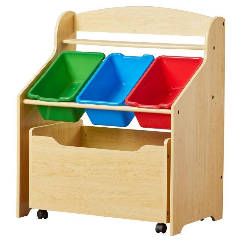 Endüstriyel Ahşap Raflı ve Sepetli Tekerlekli Oyuncak Dolabı - 64x39x77 cm - 150510