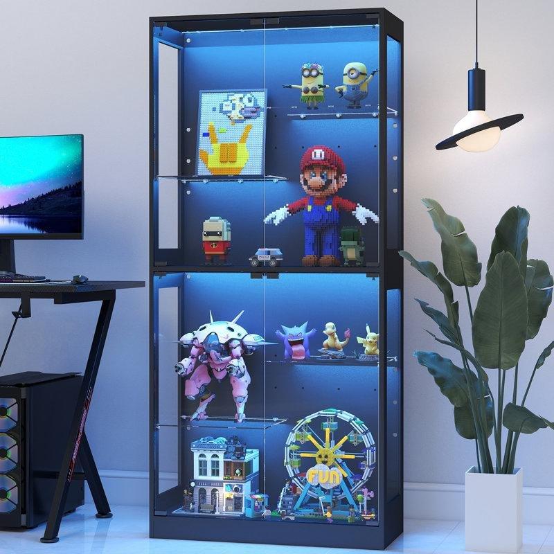 Endüstriyel Ahşap RGB LED Aydınlatmalı 5 Raflı Camlı Oyuncak Dolabı - 176x82x36 cm - 149811