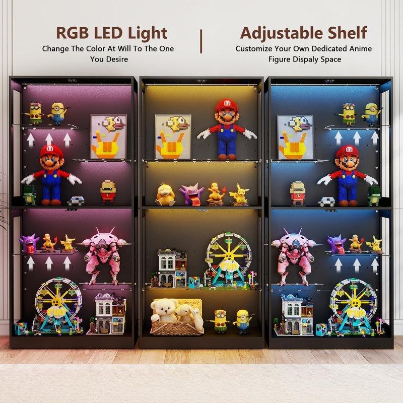 Endüstriyel Ahşap RGB LED Aydınlatmalı 5 Raflı Camlı Oyuncak Dolabı - 176x82x36 cm - 149811