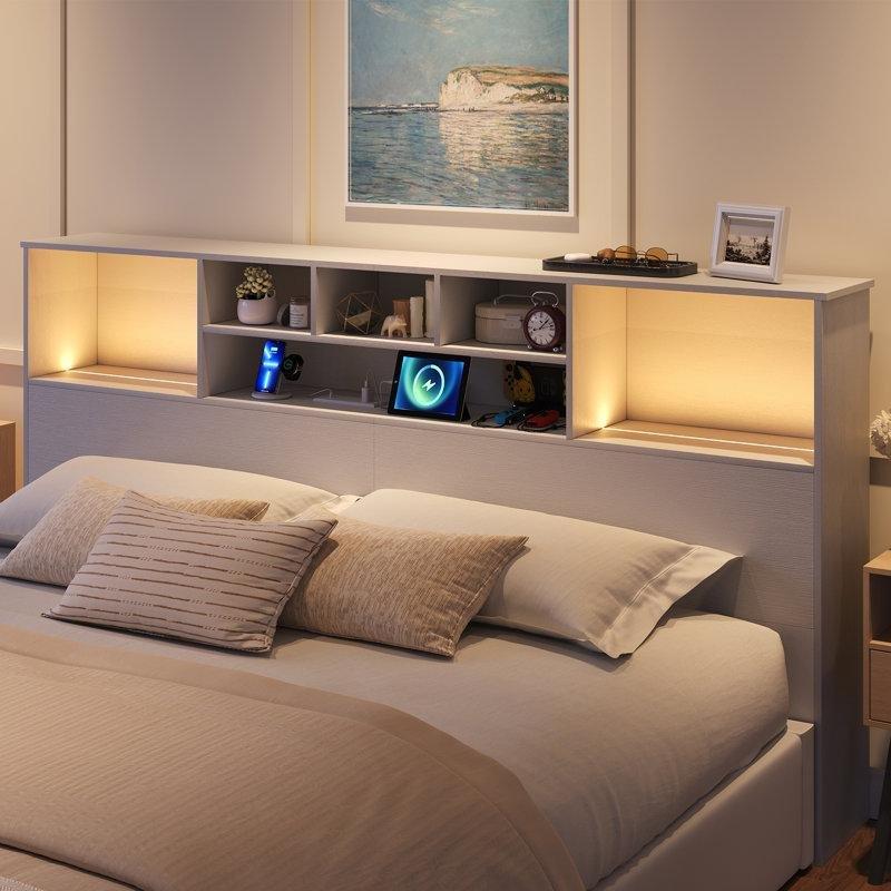 Endüstriyel Ahşap Şarj Üniteli ve LED Aydınlatmalı Kitaplıklı Yatak Başlığı - King Size - 144768